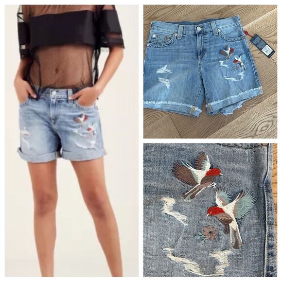 NWT True Religion - JAYDE EMBROIDERED WOMENS SHORT - with flap cuff Size 27